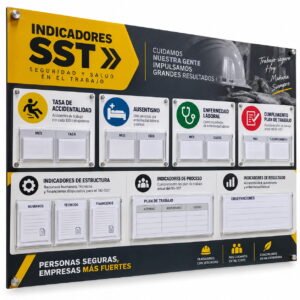 Cartelera de indicadores SST en acrílico personalizada para seguridad en el trabajo