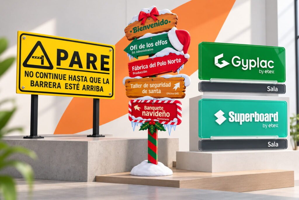 Exposición moderna de señalética variada para empresas