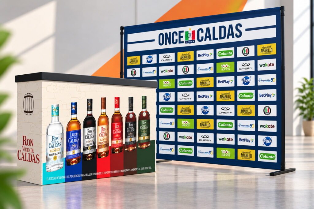 Elementos de brandeo, exhibición y punto de venta personalizados para destacar marcas en espacios comerciales y eventos.