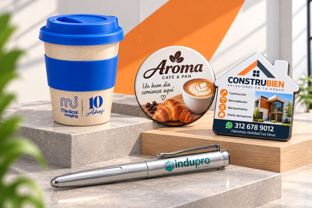 Productos promocionales y souvenirs personalizados para empresas, eventos y campañas de marca, como artículos de oficina, bebidas, regalos y merchandising corporativo.